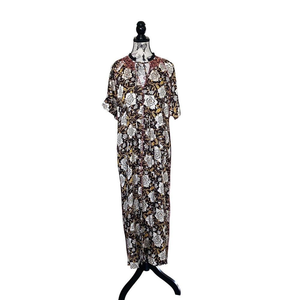 Natural Life Maxi Dress Women Medium Brown Floral Boho Embroidered NWT